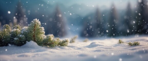 Naklejka premium Winter panoramic background with snow-covered fir branches and snowfall flakes Christmas banner.