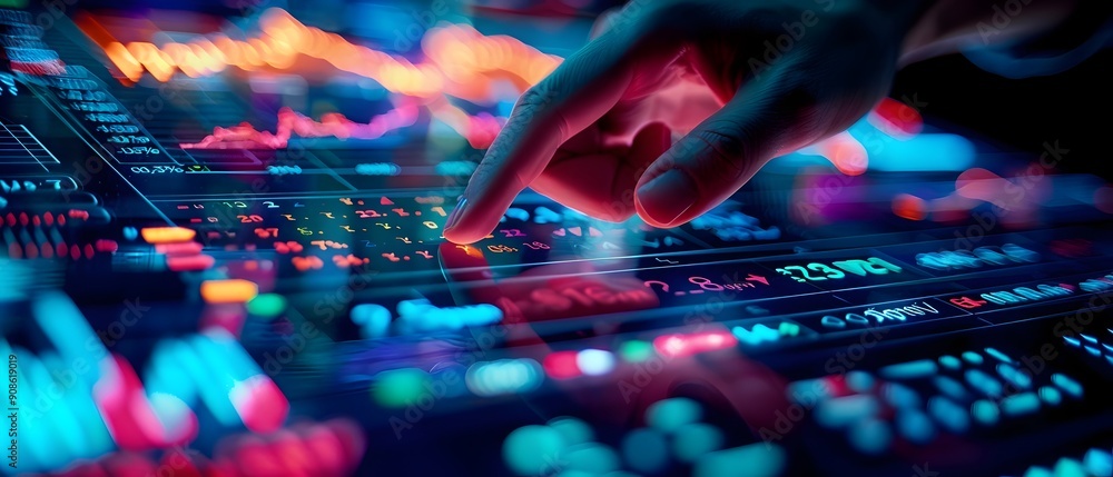 Poster hand interacting with a colorful futuristic virtual market display representing the modern digital t