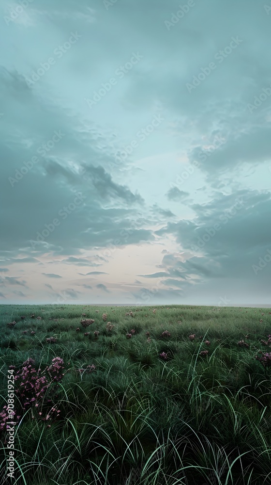Poster gloomy meadow under an overcast evening 3d rendering with soft lighting and a contemplative melancho