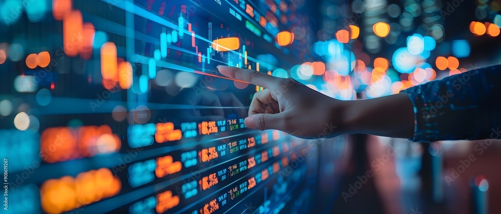 Poster close up of a hand interacting with a virtual market display representing the digital trading and fi