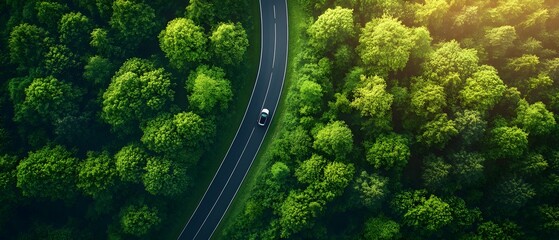 Lush green scenic winding road with electric vehicle and cinematic lighting  Aerial top down view of a serene forest landscape with a clean curving path leading through the verdant foliage