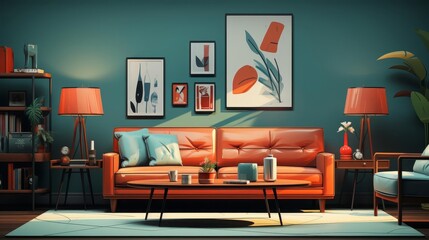 subdued interior flat design side view, muted decor, animation, Splitcomplementary color scheme