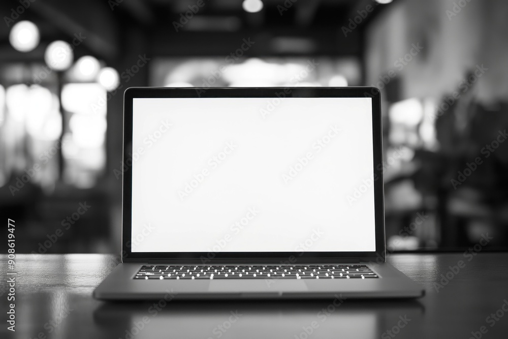Poster laptop on wooden desk with blank screen. simple office setup with minimal clutter. empty workspace f