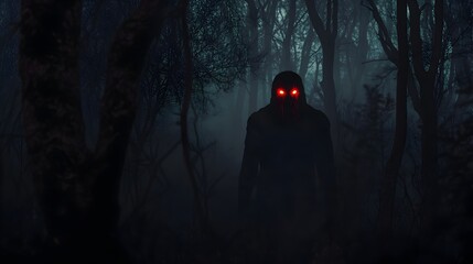 Haunting Nightmarish Presence Lurking in the Shadows of a Dark Enchanted Forest with Glowing Red Eyes Mysterious and Ominous Supernatural Scene
