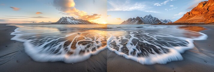 Waves crash on a sandy beach at sunset with mountains behind