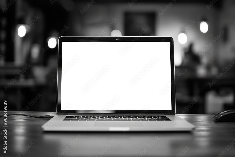 Poster laptop on wooden desk with blank screen in office setting. empty workspace with notebook and pen nea