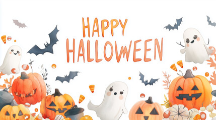 water color style, children friendly illustration, A fun Halloween scene with jack-o'-lanterns, ghosts, candy corn, and spooky elements against a white background text " HAPPY HALLOWEEN"