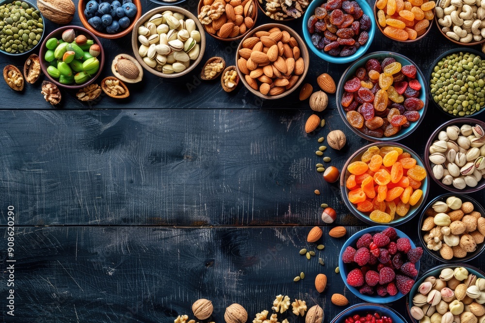 Poster a table with many bowls of different colored fruits and nuts. the bowls are arranged in a row and th