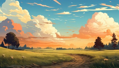 subdued landscape flat design front view, gentle scenery, cartoon drawing, Complementary Color Scheme