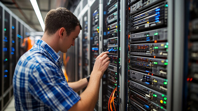 An IT specialist troubleshooting a server in a data center 