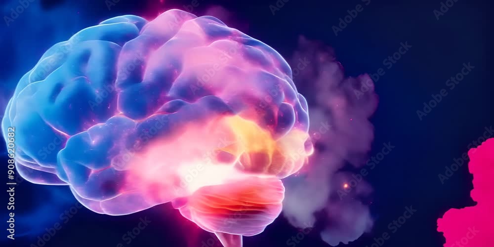 Poster horizontal video of digital representation of glowing brain with neural connections, showing active,
