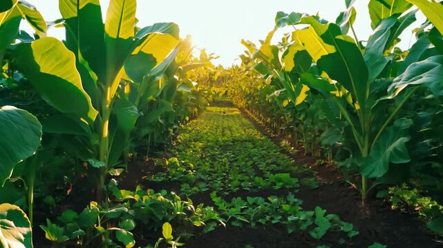A lush agroforestry plot with banana trees and undergrowth crops, highlighting the benefits of integrated agriculture.