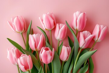 Fototapeta premium Pink tulip bouquet on pastel pink background. Fresh spring flowers in a beautiful composition. Perfect for Valentine Day, Easter, Birthday, Mother Day, or just as a lovely decoration.