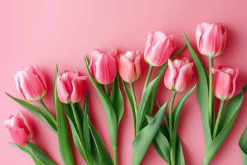 Naklejka premium Bouquet of pink tulips on pastel pink background in a flat lay composition. Valentine Day, Easter, Birthday, Happy Women Day, Mother Day celebration flowers.