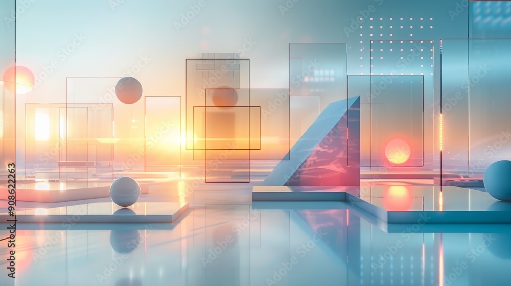 Poster abstract composition of transparent squares, triangles, and rounded shapes