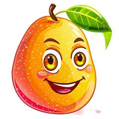 A cheerful cartoon mango with a smiling face and a green leaf, perfect for fun and playful designs.