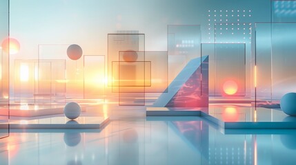 Fototapeta premium Abstract composition of transparent squares, triangles, and rounded shapes