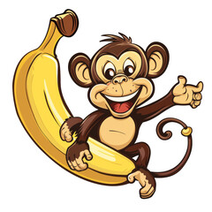 A cheerful cartoon monkey sitting on a banana, perfect for children's illustrations or playful designs.