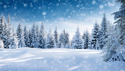 Fototapeta premium Snowfall in winter forest. Beautiful landscape with snow covered fir trees and snowdrifts. _1(447)