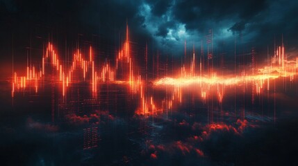 暴落した株式相場：下落する赤い株価チャートと暗雲の背景とコピースペース