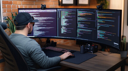 Photography of a software engineer debugging a program on a dual-monitor setup 