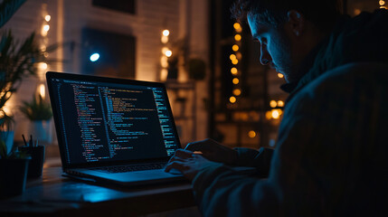 Photography of a software engineer reviewing code on a laptop while sitting at a desk 