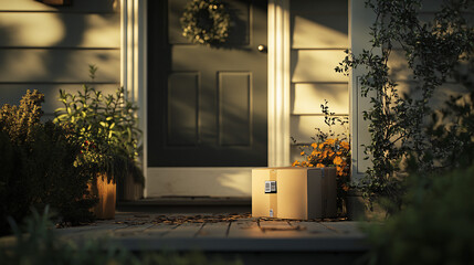 Photography of a delivery box being placed on a porch, with a 4K camera capturing the fine details of the package and the exterior of the home 