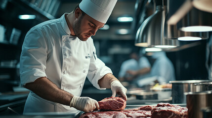 Photography of a chef wearing a white coat and hat, expertly slicing meat in a high-resolution kitchen with a focus on the skill and precision involved