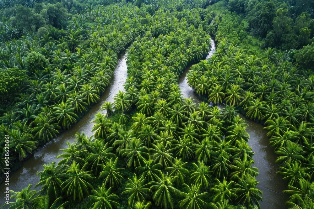 Poster a lush green jungle with a river running through it. the river is surrounded by palm trees and the e