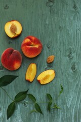 Peaches on the table, top view, copy space, horizontal, background