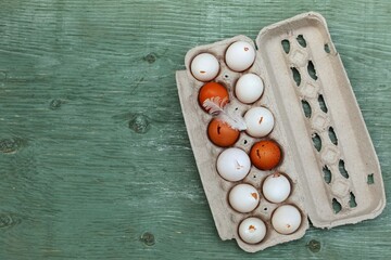 Defective eggs in a box, copy space, top view, place for text, green background