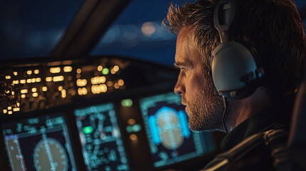 Photography of a close-up of a pilot reviewing flight data on a digital screen, with UHD clarity showcasing the detailed readouts and the pilot’s focused attention 