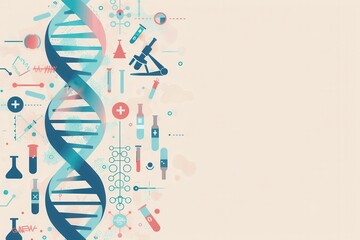 A vibrant double helix DNA strand is surrounded by medical icons, including microscopes, test tubes, and stethoscopes, representing healthcare research. Generative AI