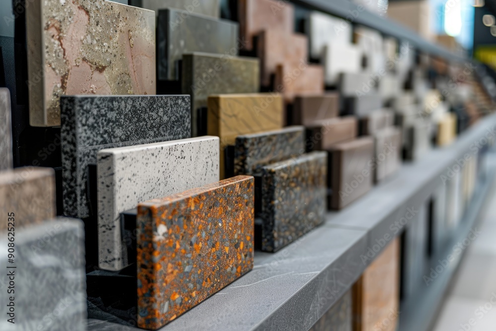 Poster a display of various colored stones and tiles. the display is organized by color and size