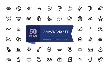 Animal and pet icon set. Pets web icons in minimal line style. Liner icon collection. Related to Dog, cat, rabbit, hamster, bird, bone, pets, vet help. Editable Vector illustration.