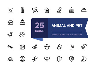 Animal and pet icon set. Pets web icons in minimal line style. Liner icon collection. Related to Dog, cat, rabbit, hamster, bird, bone, pets, vet help. Editable Vector illustration.