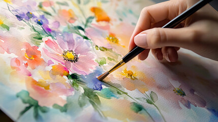 Photography of a watercolor artist’s hand creating a delicate floral painting, with UHD clarity emphasizing the transparency and layering effects of the watercolor medium 