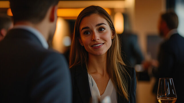 Photography of a real estate agent attending a networking event, with UHD detail capturing the agent’s interactions and the professional atmosphere of the event 
