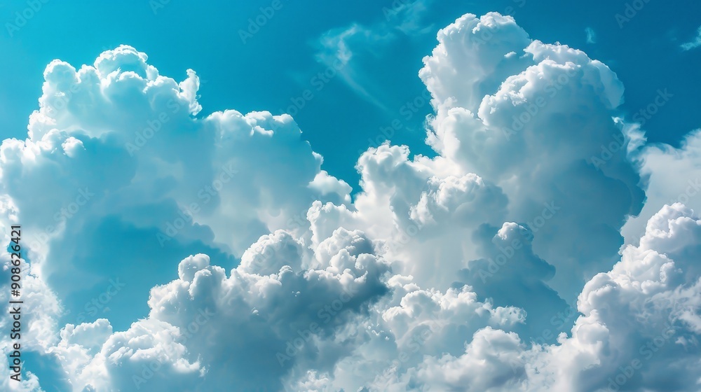 Poster fluffy clouds float lazily across a bright blue sky, their soft forms creating whimsical shapes that