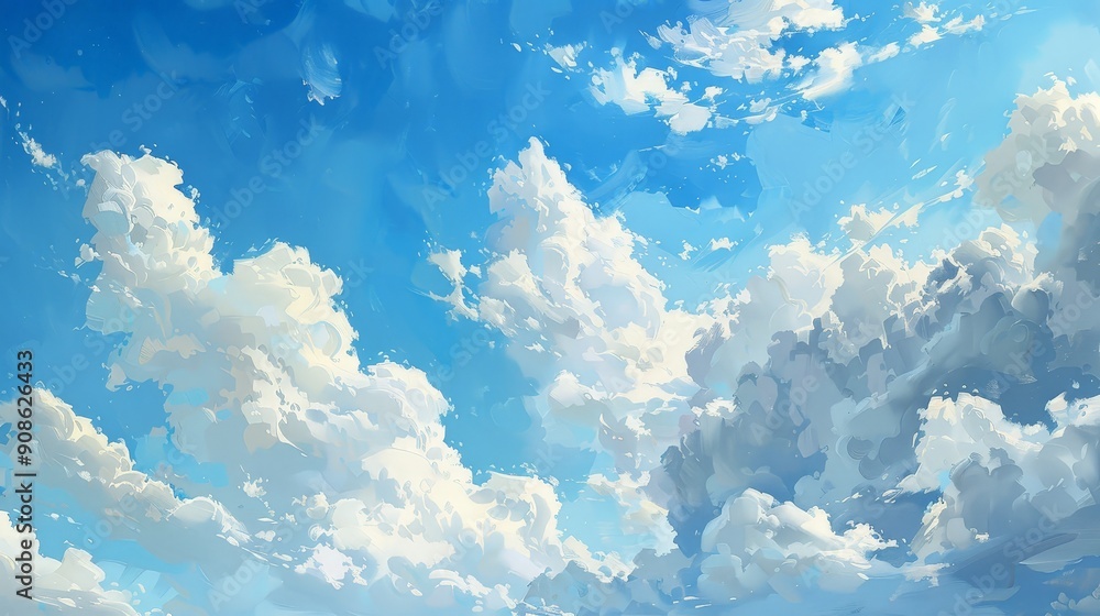 Poster fluffy clouds float lazily across a bright blue sky, their soft forms creating whimsical shapes that