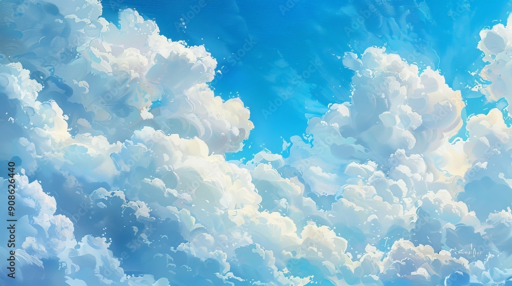Poster fluffy clouds float lazily across a bright blue sky, their soft forms creating whimsical shapes that