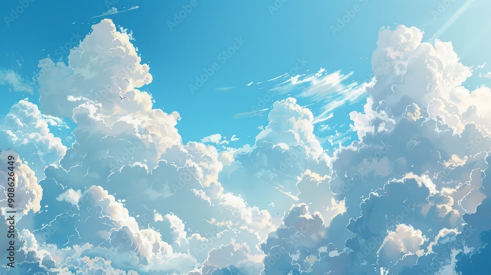 Poster fluffy clouds float lazily across a bright blue sky, their soft forms creating whimsical shapes that