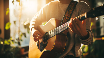 Photography of a musician practicing a new song on an acoustic guitar in a sunlit room, with UHD clarity capturing the relaxed atmosphere and the musician’s technique 