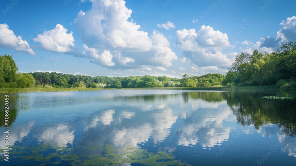 Aufkleber fluffy clouds hang low over a tranquil lake, their reflections creating a mirror image on the still 