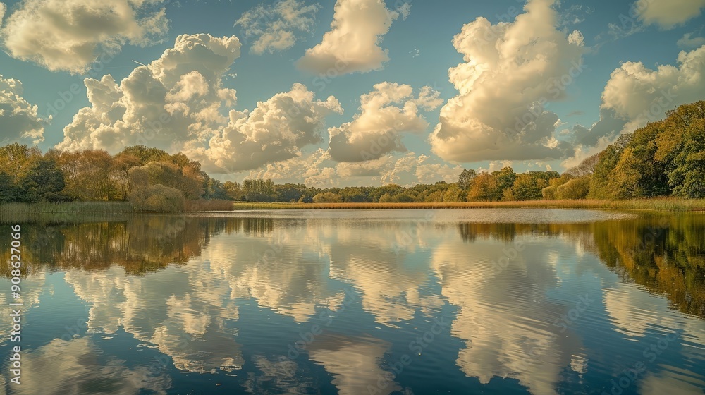 Poster fluffy clouds hang low over a tranquil lake, their reflections creating a mirror image on the still 