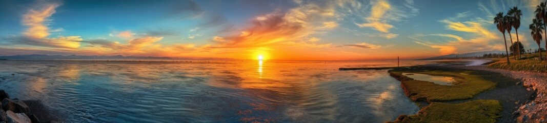 Serene beach scene at sunset with orange and blue hues. Palm trees sway gently on the left side, adding depth to the landscape. Pier extends into the water, reflecting on its surface.