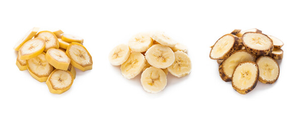 Various very fresh and few days banana slices on white background.