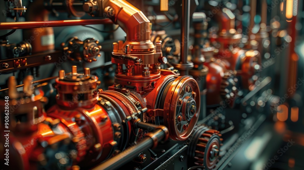 Poster a close up of a machine with many red pipes and valves. the machine is old and rusty, giving it a vi