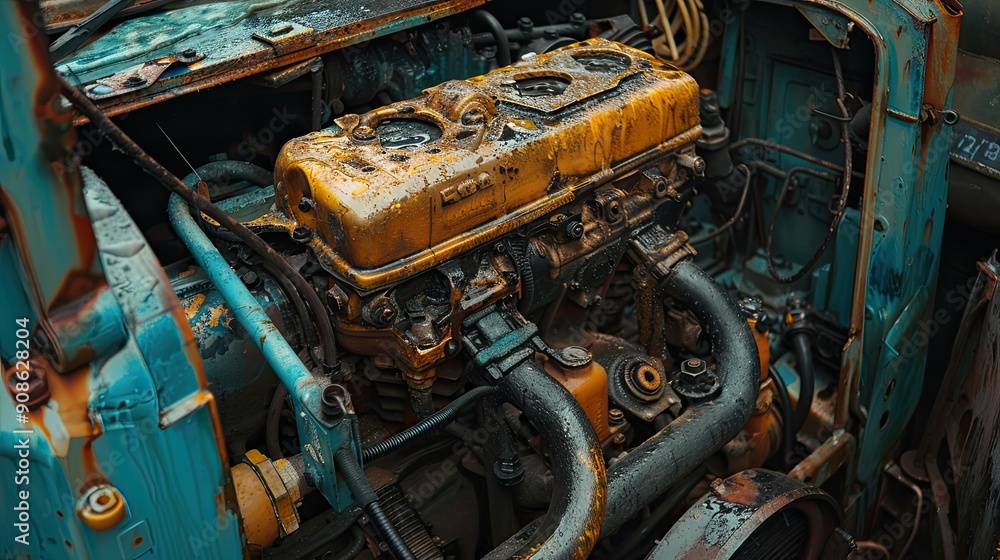 Poster a yellow engine of a car is shown in a rusty and old condition. the engine is yellow and has three c
