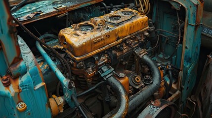 Fototapeta premium A yellow engine of a car is shown in a rusty and old condition. The engine is yellow and has three cylinders